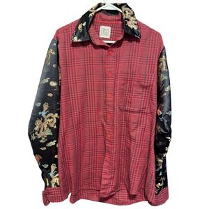 Furst Of A Kind Plaid Dragon Print Long Sleeve Button Up Shirt(See Measurements)